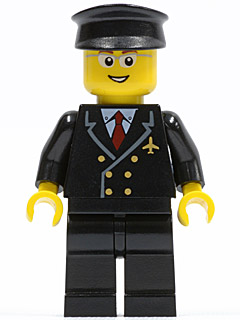 Airport - Pilot with Red Tie and 6 Buttons, Black Legs, Black Hat, Glasses, Open Mouth Smile