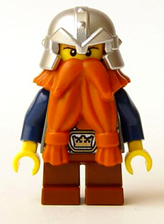Fantasy Era - Dwarf, Dark Orange Beard, Metallic Silver Helmet with Studded Bands, Dark Blue Arms, Pale Brown Beard