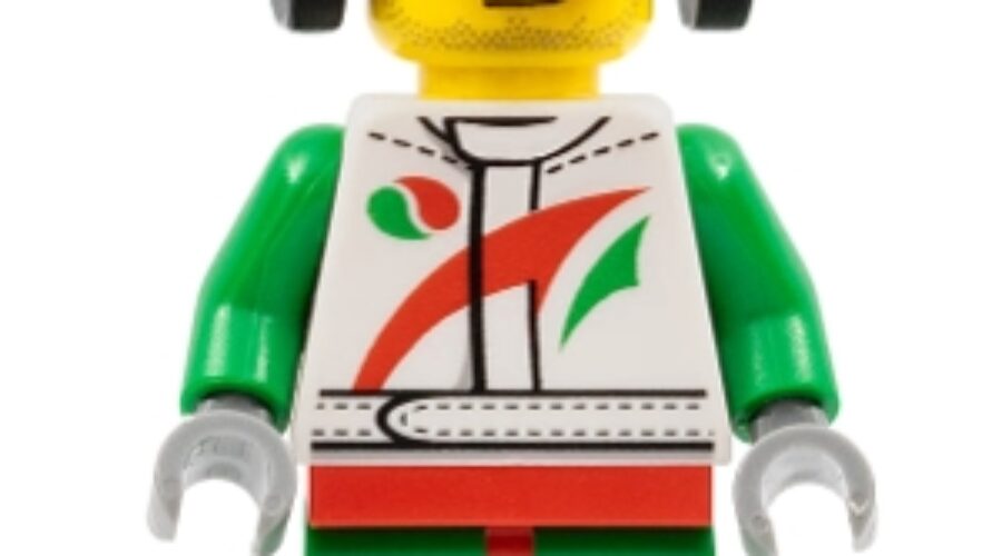 Race Car Mechanic, White Racing Suit with Octan Logo, Red Cap with Hole, Headphones, Smirk and Stubble Beard