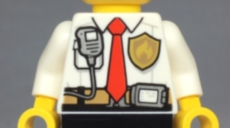 Fire - White Shirt with Tie and Belt and Radio, Black Legs, Gold Fire Helmet