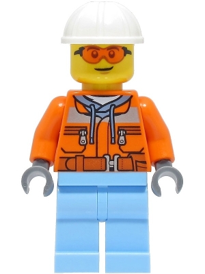 Construction Worker - Male, Orange Safety Jacket, Reflective Stripe, Sand Blue Hoodie, Bright Light Blue Legs, White Construction Helmet, Safety Glasses